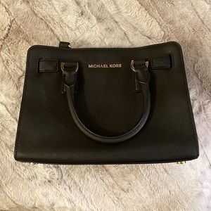 Michael Kors Black Leather Satchel Handbag with Crossbody Strap